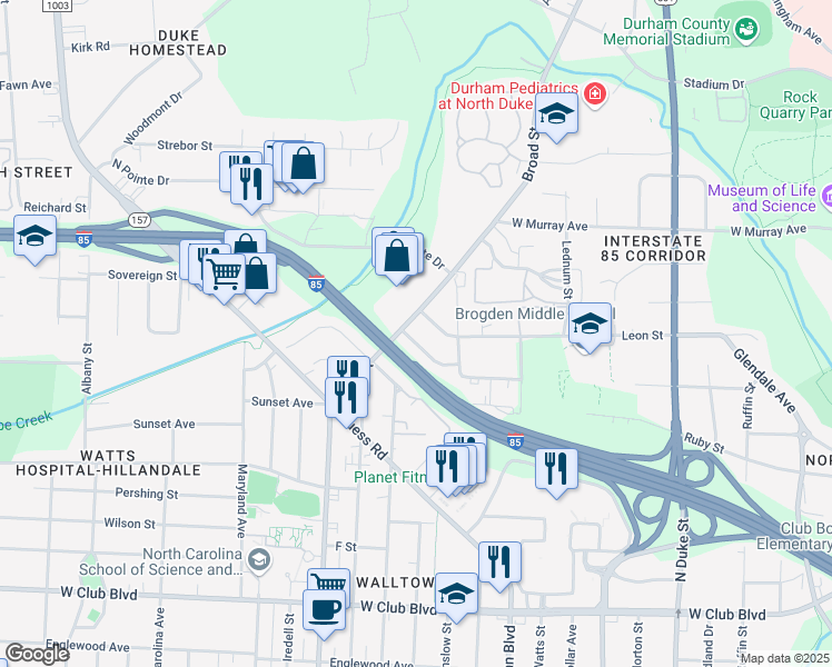 map of restaurants, bars, coffee shops, grocery stores, and more near 1426 Hudson Avenue in Durham