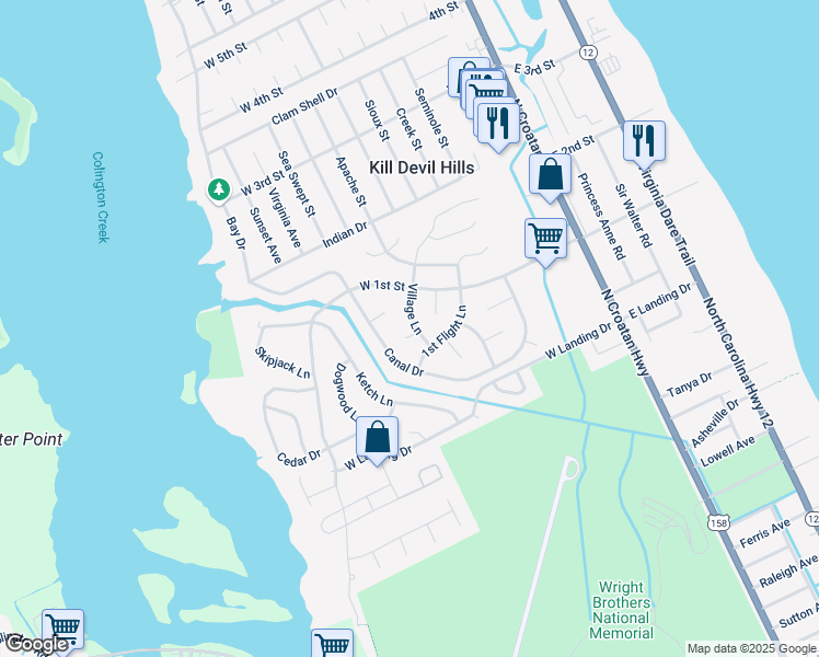 map of restaurants, bars, coffee shops, grocery stores, and more near 1514 Village Lane in Kill Devil Hills
