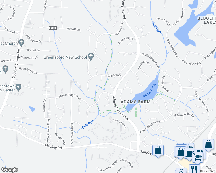map of restaurants, bars, coffee shops, grocery stores, and more near 5507 Copper Hill Court in Greensboro