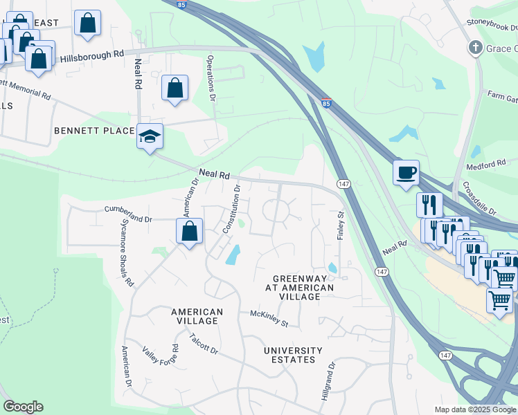 map of restaurants, bars, coffee shops, grocery stores, and more near 600 Remington Circle in Durham