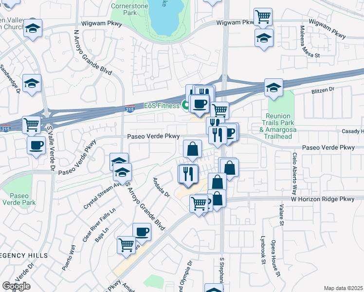 map of restaurants, bars, coffee shops, grocery stores, and more near 1541 Livingston Drive in Henderson