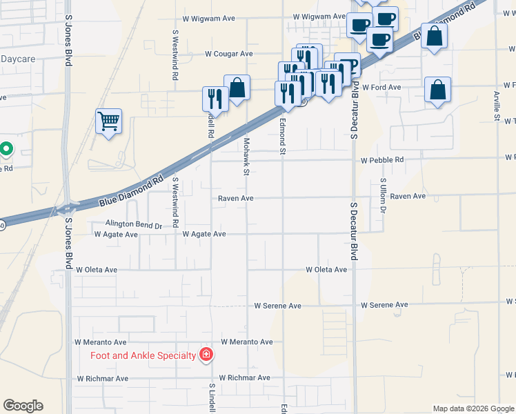 map of restaurants, bars, coffee shops, grocery stores, and more near 9010 Mohawk Street in Las Vegas