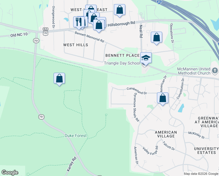map of restaurants, bars, coffee shops, grocery stores, and more near 5013 Kettle Creek Road in Durham