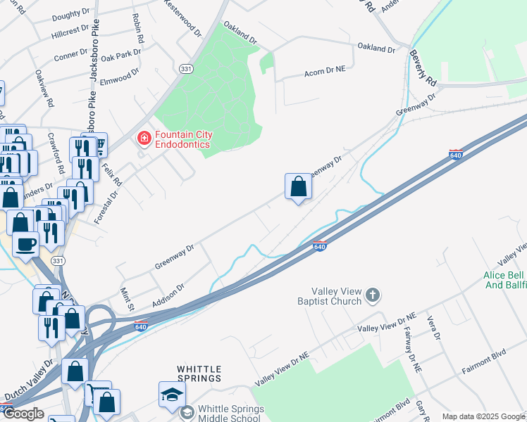 map of restaurants, bars, coffee shops, grocery stores, and more near 3112 Greenway Drive in Knoxville