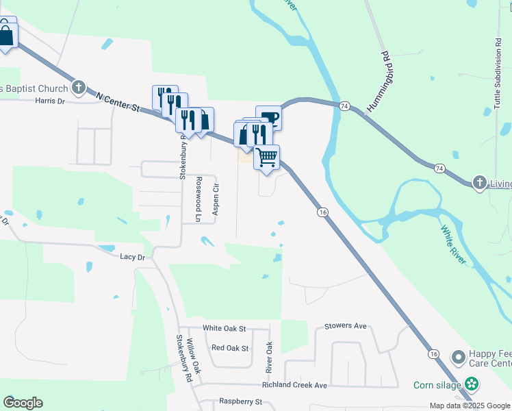 map of restaurants, bars, coffee shops, grocery stores, and more near 1951 North Center Street in Elkins
