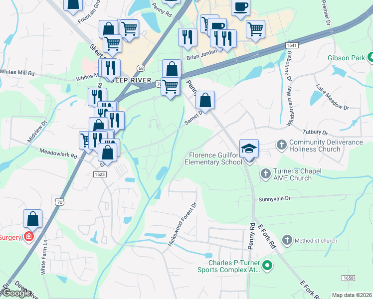 map of restaurants, bars, coffee shops, grocery stores, and more near 7824 Woodpark Dr in High Point