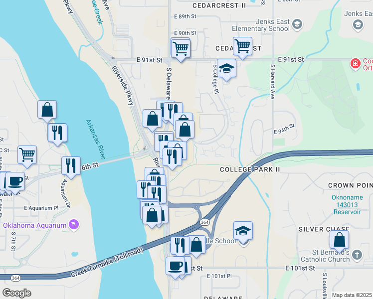 map of restaurants, bars, coffee shops, grocery stores, and more near 9595 South Delaware Avenue in Tulsa