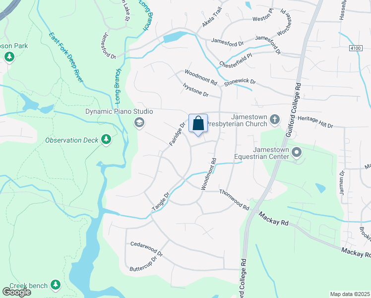 map of restaurants, bars, coffee shops, grocery stores, and more near 509 Tangle Drive in Jamestown