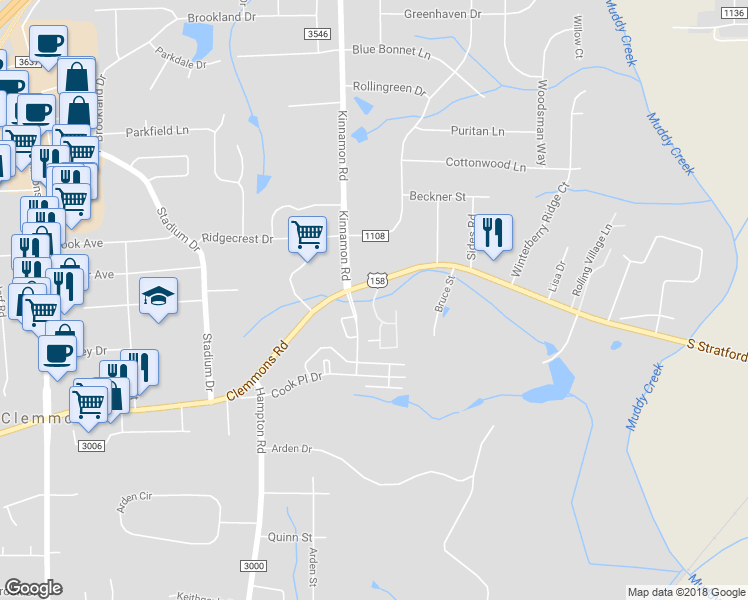 map of restaurants, bars, coffee shops, grocery stores, and more near 203 Hawk Ridge Drive in Winston-Salem