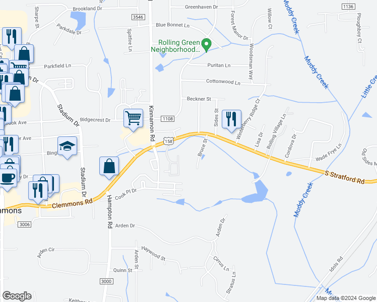 map of restaurants, bars, coffee shops, grocery stores, and more near 3313 South Stratford Road in Winston-Salem