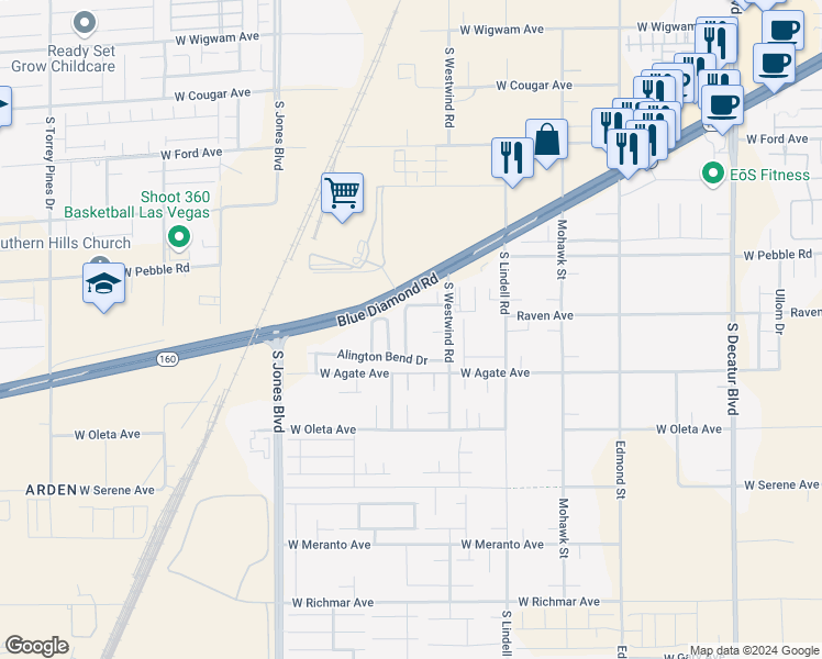 map of restaurants, bars, coffee shops, grocery stores, and more near 9018 Winchester Ridge Street in Las Vegas