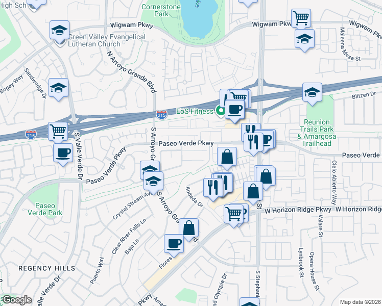 map of restaurants, bars, coffee shops, grocery stores, and more near 1555 Livingston Drive in Henderson