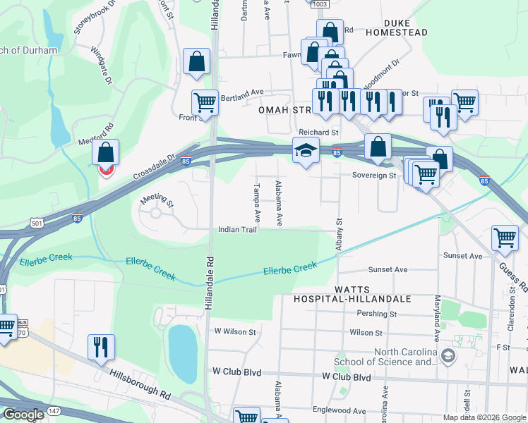 map of restaurants, bars, coffee shops, grocery stores, and more near 2210 Tampa Avenue in Durham