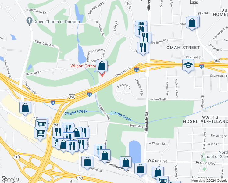 map of restaurants, bars, coffee shops, grocery stores, and more near 1902 Meeting Street in Durham