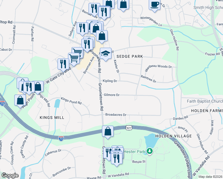 map of restaurants, bars, coffee shops, grocery stores, and more near 4014 Gilmore Drive in Greensboro