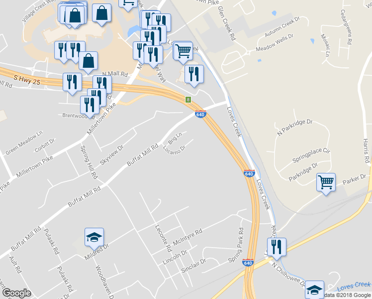 map of restaurants, bars, coffee shops, grocery stores, and more near 1977 Locarno Drive in Knoxville