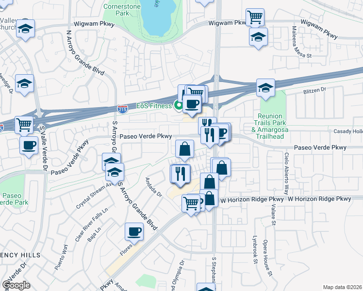 map of restaurants, bars, coffee shops, grocery stores, and more near 1481 Paseo Verde Parkway in Henderson