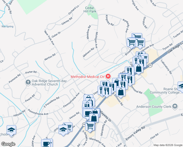 map of restaurants, bars, coffee shops, grocery stores, and more near 120 East Newkirk Lane in Oak Ridge