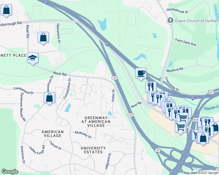 map of restaurants, bars, coffee shops, grocery stores, and more near 9 Grove Park Road in Durham