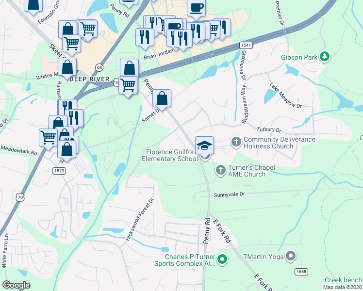 map of restaurants, bars, coffee shops, grocery stores, and more near 3531 Park Hill Crossing Drive in High Point