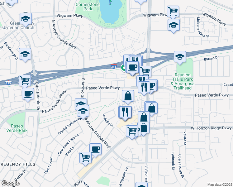 map of restaurants, bars, coffee shops, grocery stores, and more near 1541 Livingston Drive in Henderson