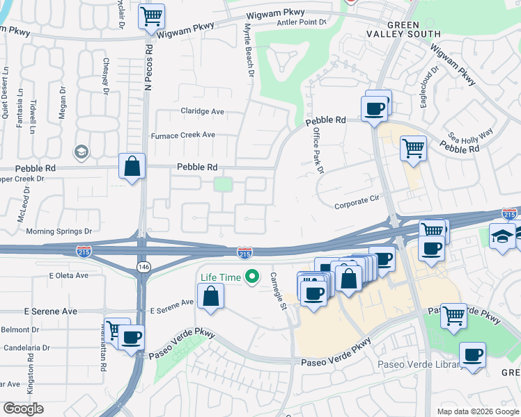map of restaurants, bars, coffee shops, grocery stores, and more near 2410 Pebble Springs Court in Henderson