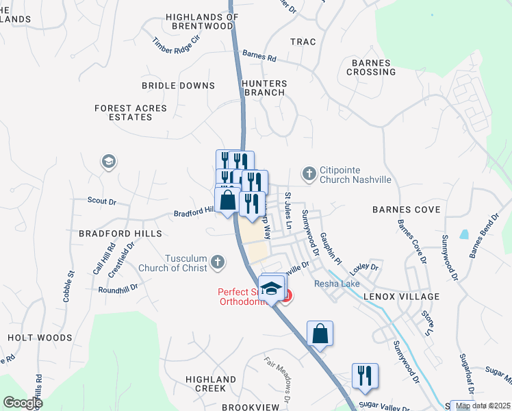 map of restaurants, bars, coffee shops, grocery stores, and more near 7009 Lenox Village Dr in Nashville