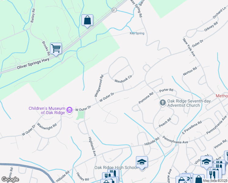 map of restaurants, bars, coffee shops, grocery stores, and more near 356 West Outer Drive in Oak Ridge