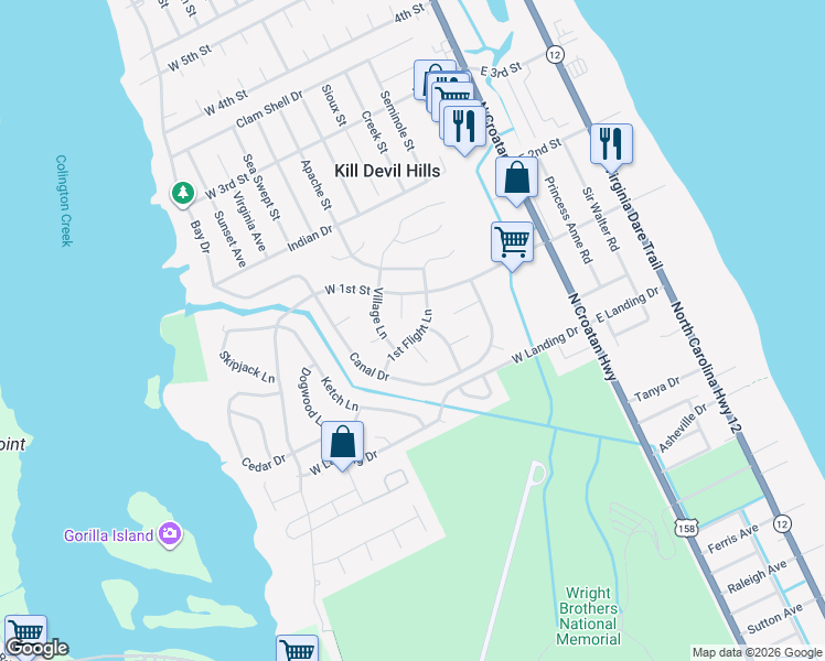 map of restaurants, bars, coffee shops, grocery stores, and more near 502 1st Flight Lane in Kill Devil Hills