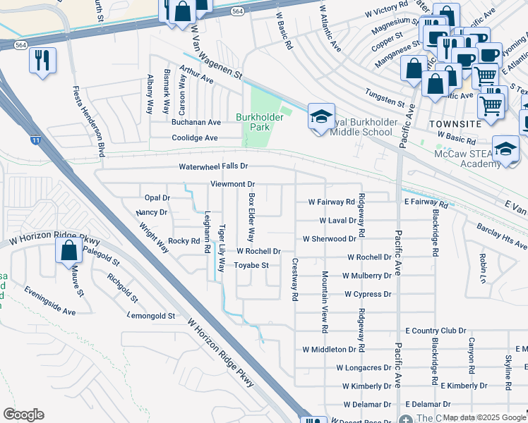 map of restaurants, bars, coffee shops, grocery stores, and more near 428 Daffodil Drive in Henderson