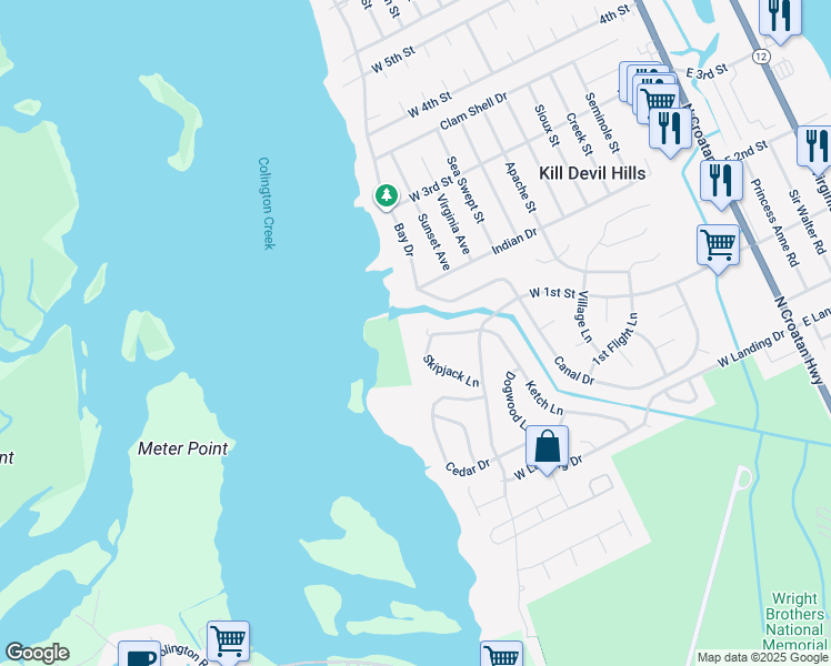map of restaurants, bars, coffee shops, grocery stores, and more near 700 West 1st Street in Kill Devil Hills