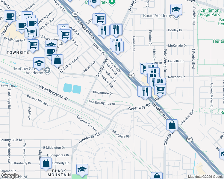 map of restaurants, bars, coffee shops, grocery stores, and more near 649 Blackmore Drive in Henderson