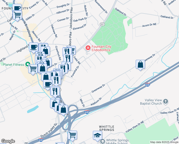 map of restaurants, bars, coffee shops, grocery stores, and more near 155 Felix Road in Knoxville