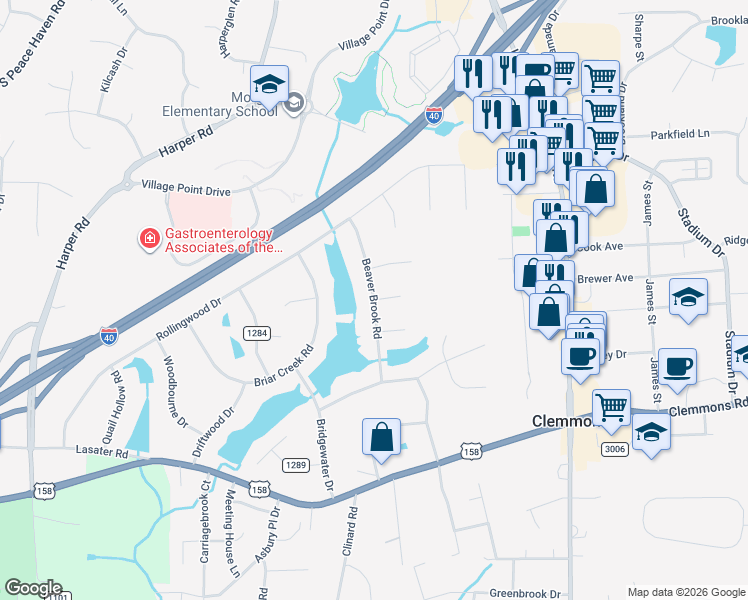 map of restaurants, bars, coffee shops, grocery stores, and more near Beaver Brook Road in Clemmons