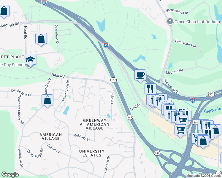 map of restaurants, bars, coffee shops, grocery stores, and more near 9 Grove Park Road in Durham