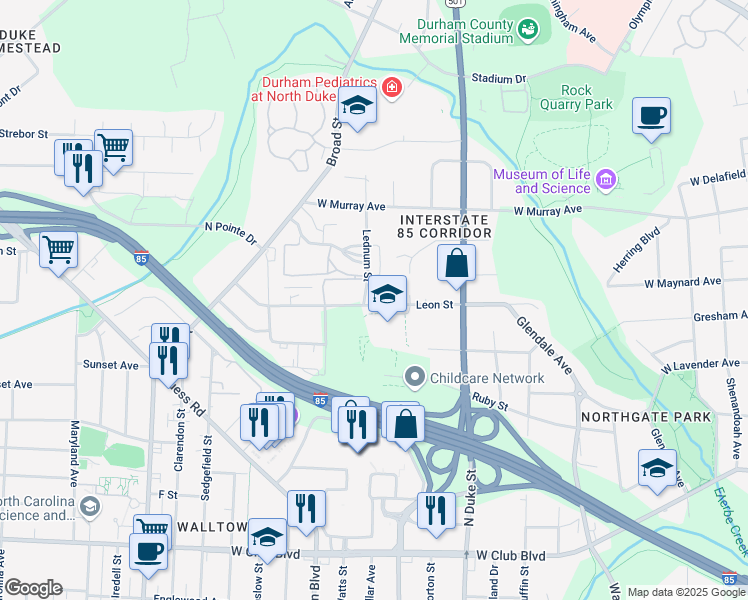 map of restaurants, bars, coffee shops, grocery stores, and more near 1100 Leon Street in Durham