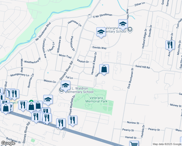 map of restaurants, bars, coffee shops, grocery stores, and more near 3009 Herman B Rader Drive in La Vergne