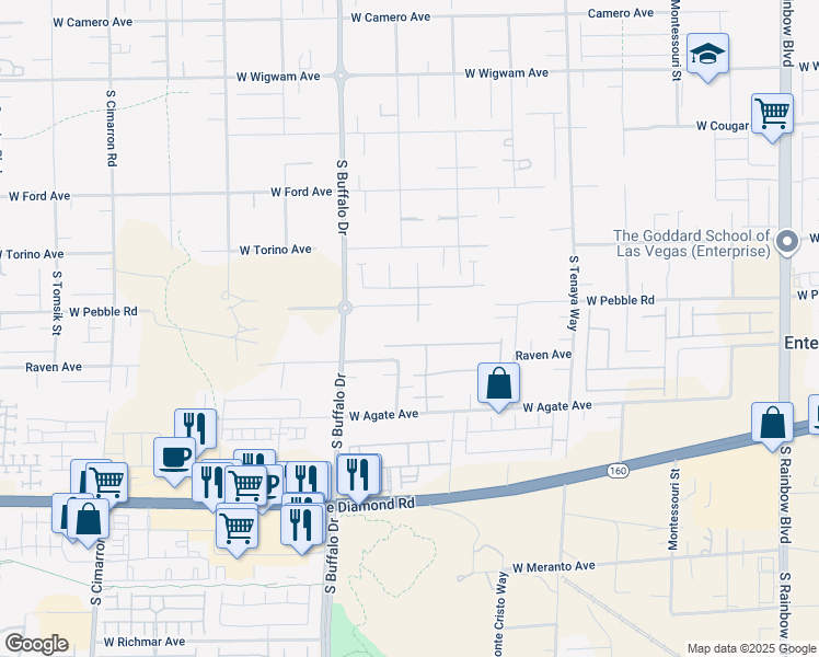 map of restaurants, bars, coffee shops, grocery stores, and more near 7687 West Pebble Road in Las Vegas