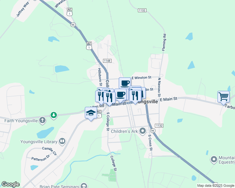 map of restaurants, bars, coffee shops, grocery stores, and more near 109 West Franklin Street in Youngsville