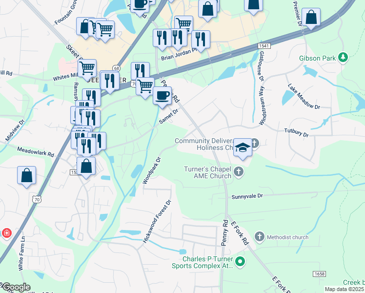 map of restaurants, bars, coffee shops, grocery stores, and more near 7813 Woodpark Drive in High Point