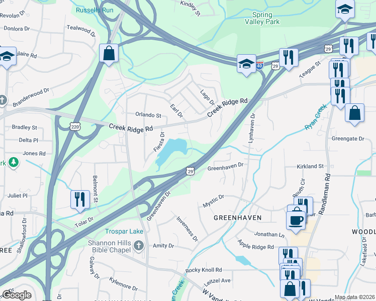 map of restaurants, bars, coffee shops, grocery stores, and more near 3526 Riverside Drive in Greensboro