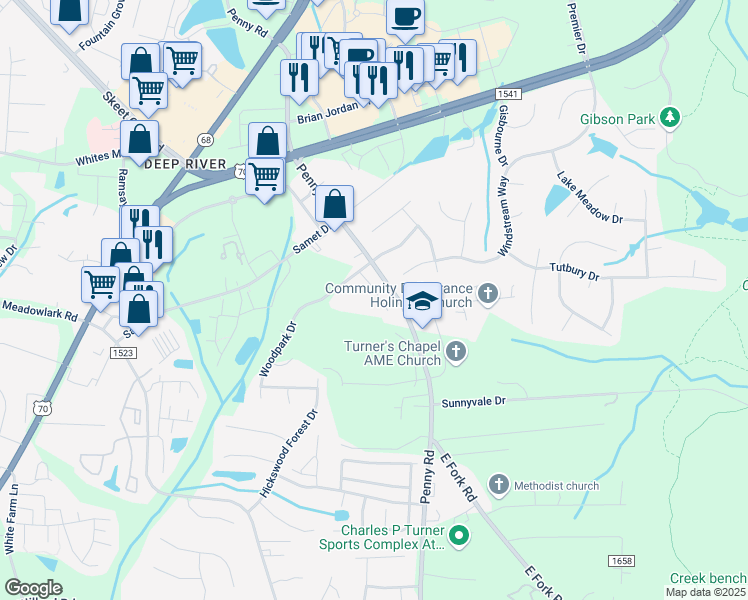 map of restaurants, bars, coffee shops, grocery stores, and more near 3531 Park Hill Crossing Drive in High Point