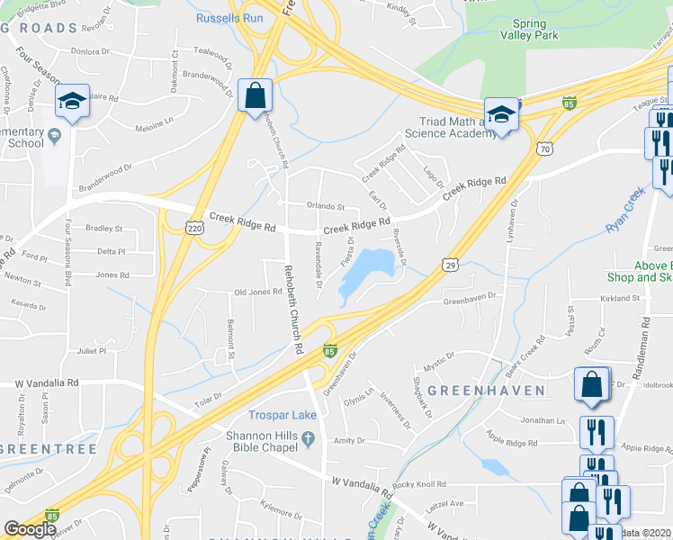 map of restaurants, bars, coffee shops, grocery stores, and more near 3530 Fiesta Drive in Greensboro