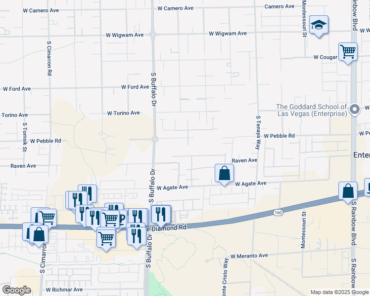 map of restaurants, bars, coffee shops, grocery stores, and more near 7687 West Pebble Road in Las Vegas