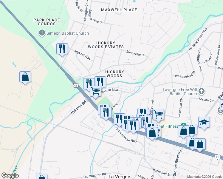 map of restaurants, bars, coffee shops, grocery stores, and more near 4030 Nir Shreibman Boulevard in La Vergne