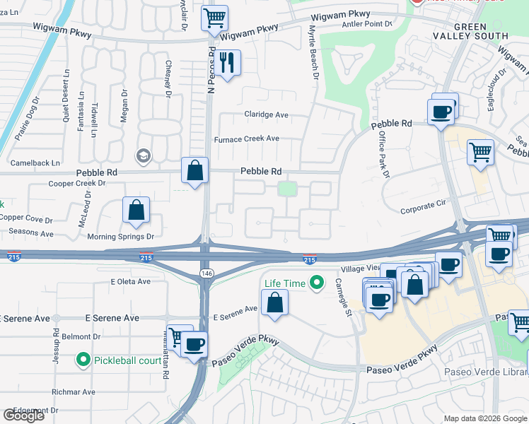 map of restaurants, bars, coffee shops, grocery stores, and more near 2445 Avenida Familia in Henderson
