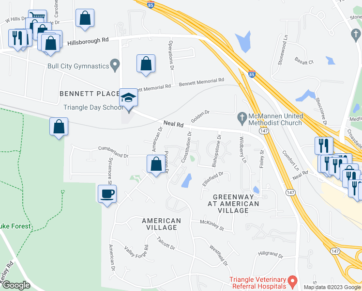 map of restaurants, bars, coffee shops, grocery stores, and more near 112 Mount Evans Drive in Durham
