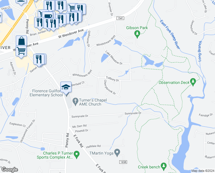 map of restaurants, bars, coffee shops, grocery stores, and more near 3326 Cherrybrook Drive in Jamestown