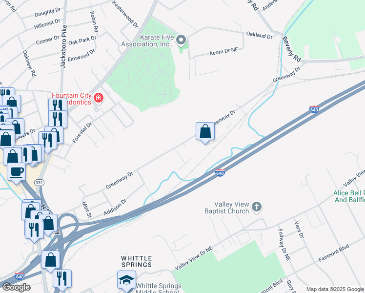 map of restaurants, bars, coffee shops, grocery stores, and more near 3112 Greenway Drive in Knoxville