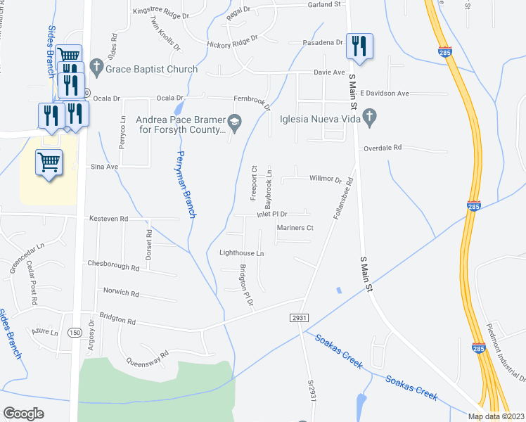 map of restaurants, bars, coffee shops, grocery stores, and more near 419 Inlet Place Drive in Winston-Salem